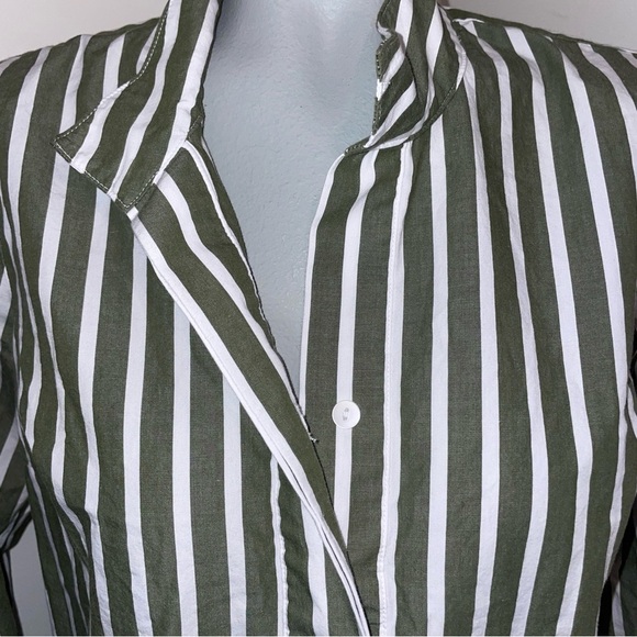 J Jill Button Down Shirt popover banded Mandarin collar cotton green stripe XS - Picture 3 of 10